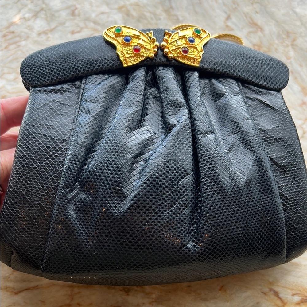 Black and Gold Pleated Clutch with Bow Accent